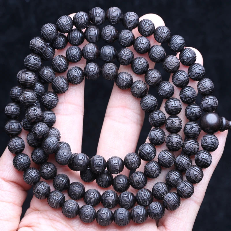 Spiritual Abacus Natural Ebony 108 Mala Beads – Tibetan Six-Character Mantra Turning Wheel Rosary Necklace