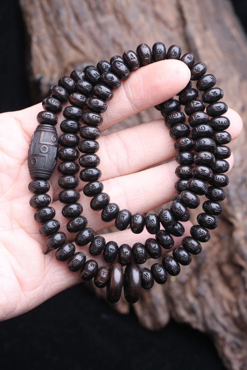 Spiritual Abacus Natural Ebony 108 Mala Beads – Six-Character Mantra Tibetan Meditation Necklace