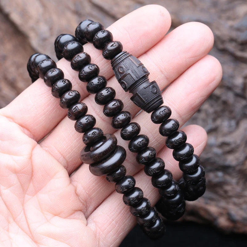 Spiritual Abacus Natural Ebony 108 Mala Beads – Six-Character Mantra Tibetan Meditation Necklace