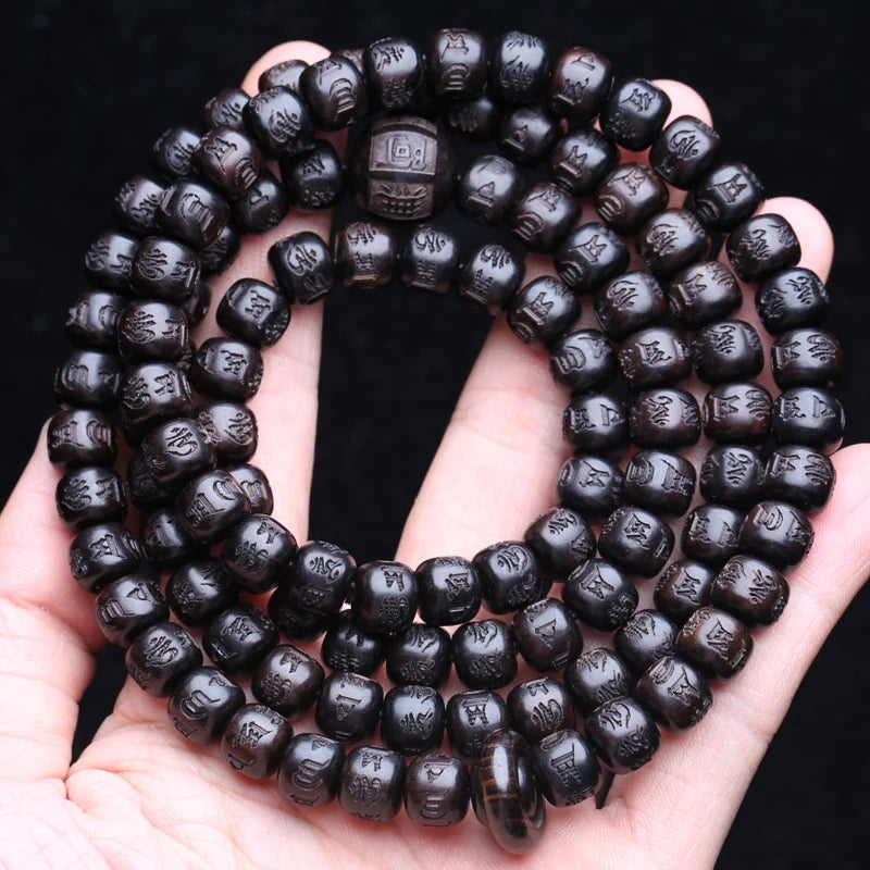 Spiritual Abacus Natural Ebony 108 Mala Beads – Tibetan Six-Character Mantra Turning Wheel Rosary Necklace