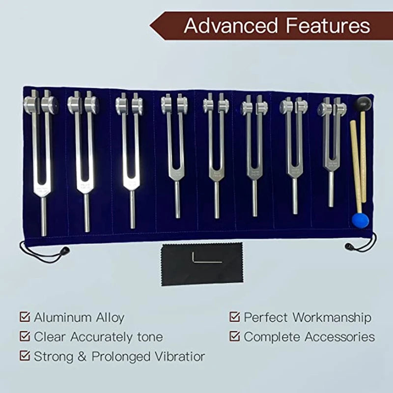 Spiritual Abacus 8-Piece Chakra Tuning Fork Set – Silver Healing Forks for Meditation, Energy Alignment & Sound Therapy