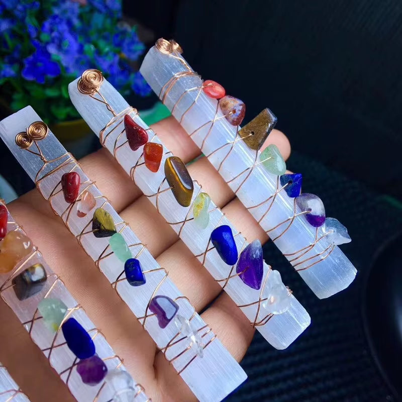 🌟 Chakra Healing Crystal Wand – Raw Selenite with Wire-Wrapped Chakra Stones Spiritual Energy Stick for Meditation, Reiki & Yoga by Spiritual Abacus