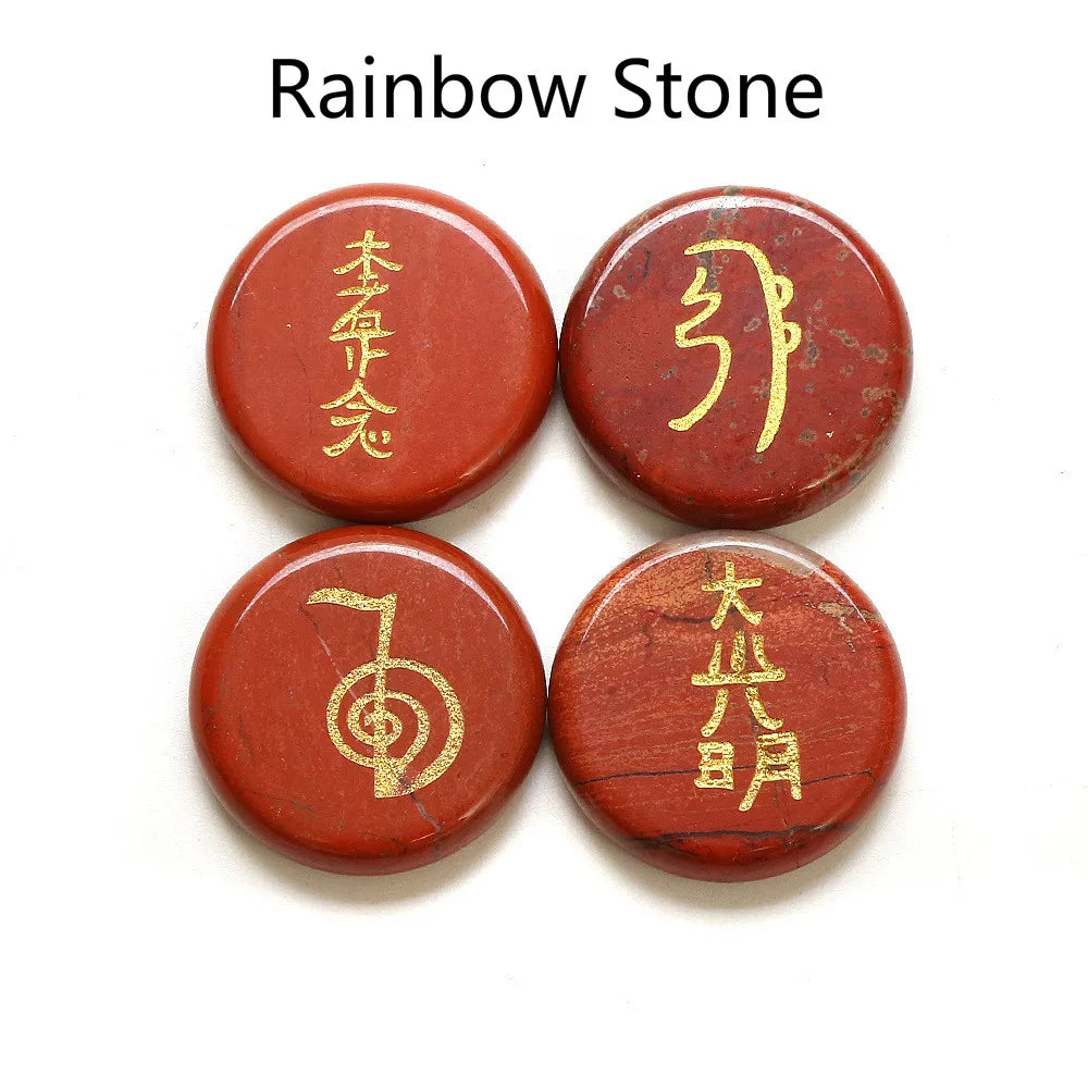 Spiritual Abacus 4-Piece Reiki Healing Stone Set – Natural Semi-Precious Crystal Slabs with Reiki Symbols (10 Color Options)
