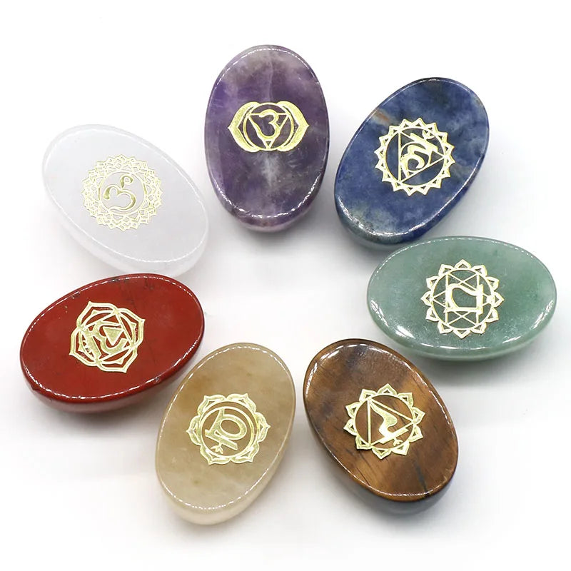 🌈 Spiritual Abacus 7-Piece Chakra Pendulum Set – Natural Stones with Engraved Reiki Healing Symbols