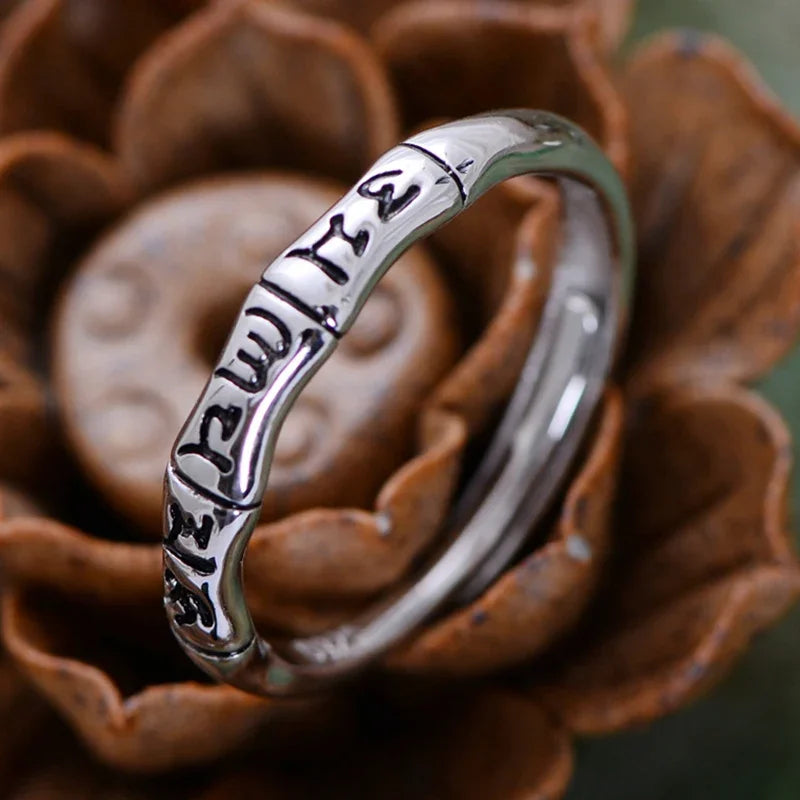 Spiritual Abacus 925 Sterling Silver Tibetan Buddha Ring – Adjustable Tail Ring with OM Mani Padme Hum for Men & Women