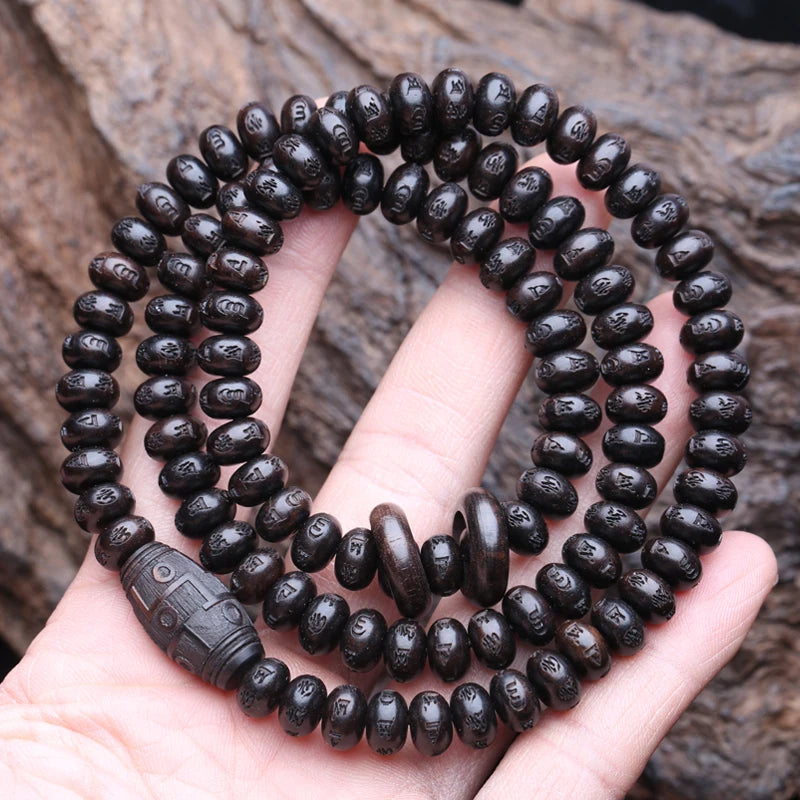 Spiritual Abacus Natural Ebony 108 Mala Beads – Tibetan Six-Character Mantra Turning Wheel Rosary Necklace