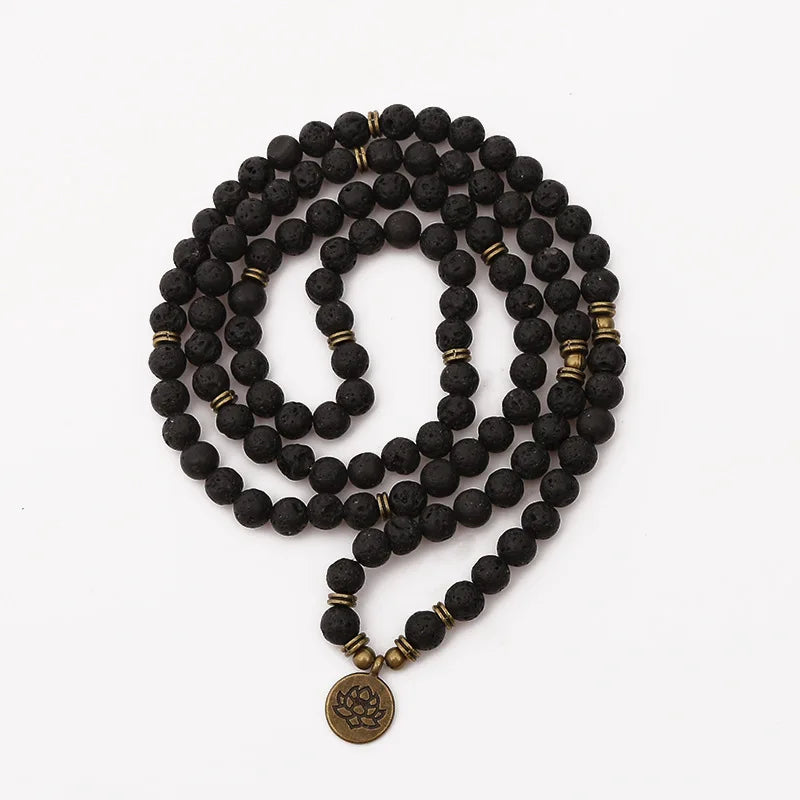 Spiritual Abacus 108 Lava Rock Mala Bracelet – Buddha & Lotus Charm Necklace for Men & Women
