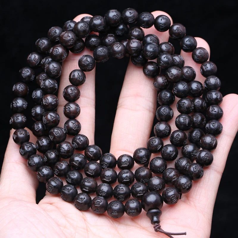 Spiritual Abacus Natural Ebony 108 Mala Beads – Tibetan Six-Character Mantra Turning Wheel Rosary Necklace