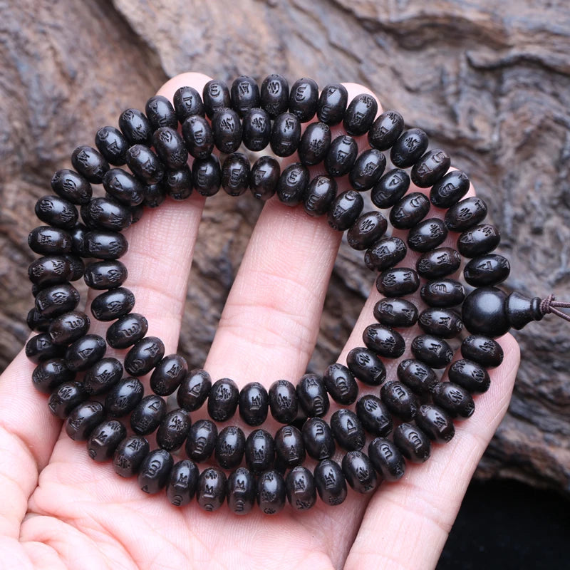 Spiritual Abacus Natural Ebony 108 Mala Beads – Tibetan Six-Character Mantra Turning Wheel Rosary Necklace