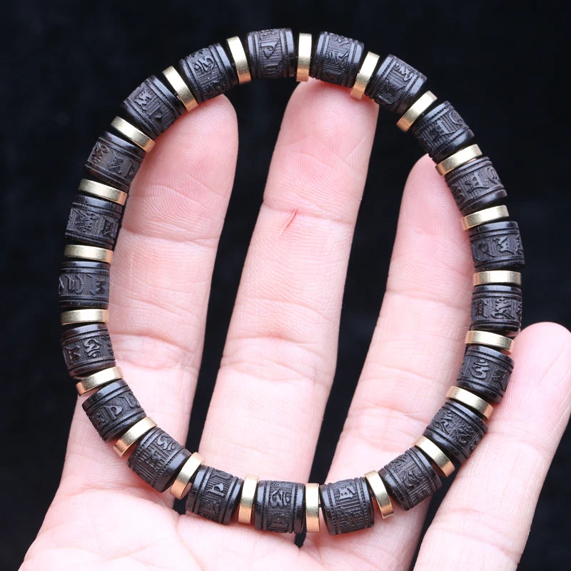Spiritual Abacus Natural Ebony 108 Mala Beads – Tibetan Six-Character Mantra Turning Wheel Rosary Necklace