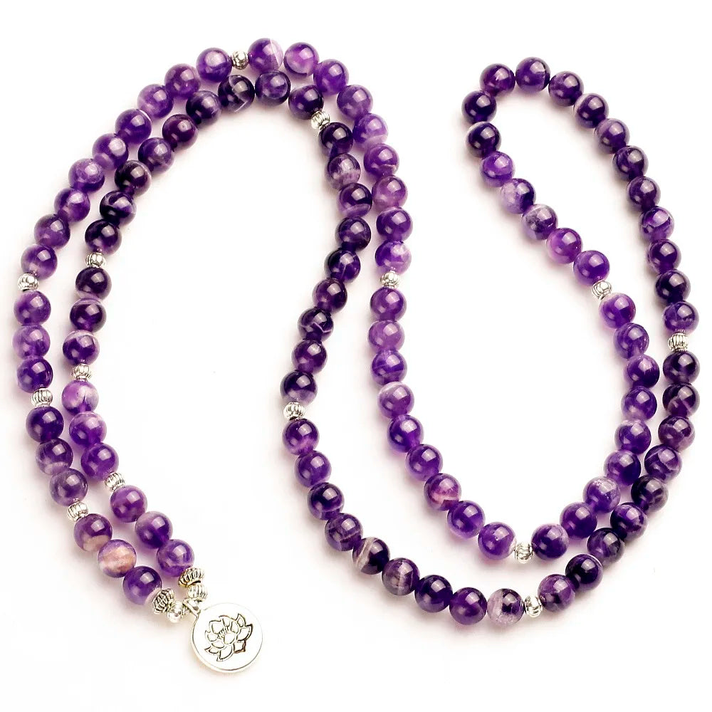 💜 Spiritual Abacus Purple Quartz 108 Mala Bracelet – Energy Healing Lotus Beads for Meditation & Yoga