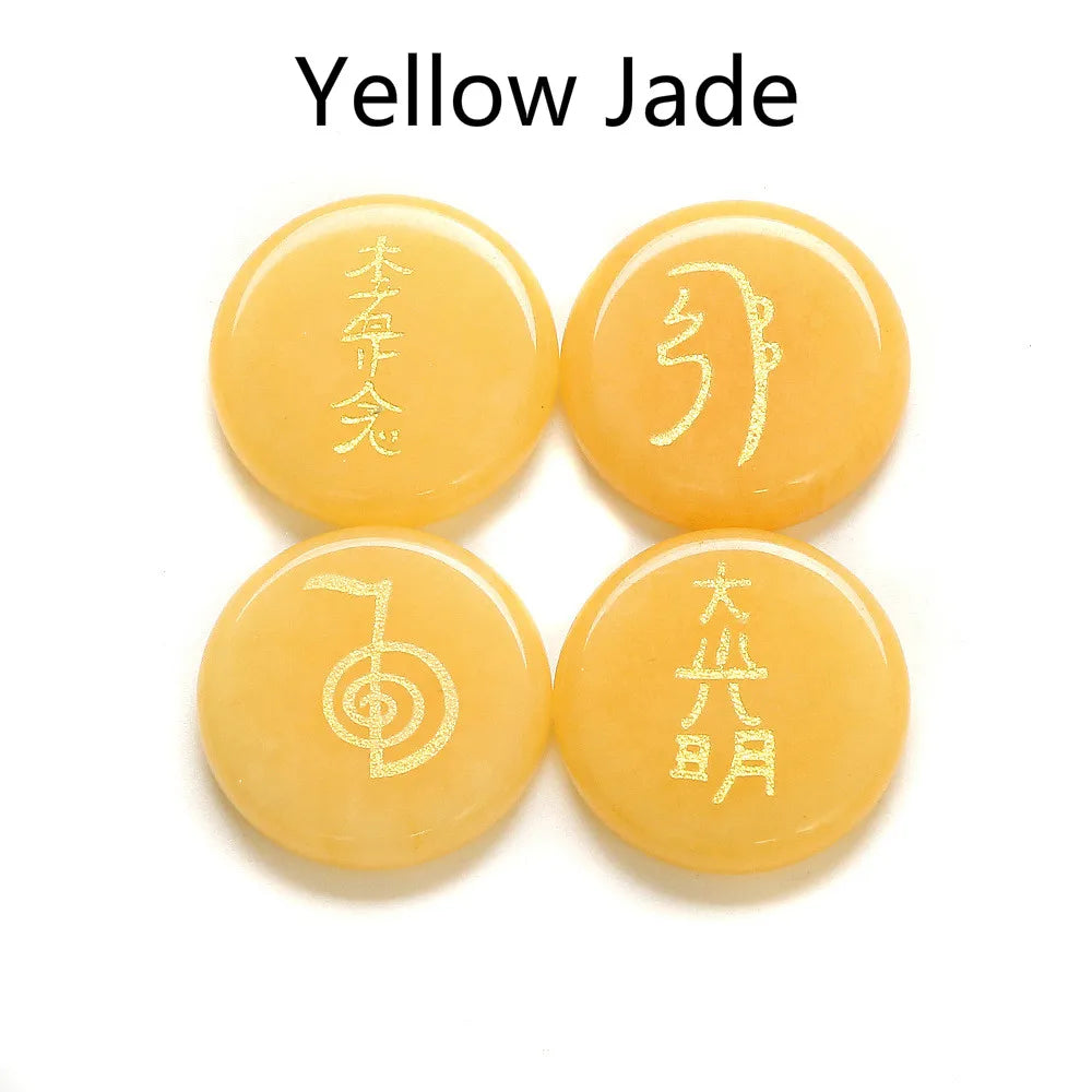 Spiritual Abacus 4-Piece Reiki Healing Stone Set – Natural Semi-Precious Crystal Slabs with Reiki Symbols (10 Color Options)