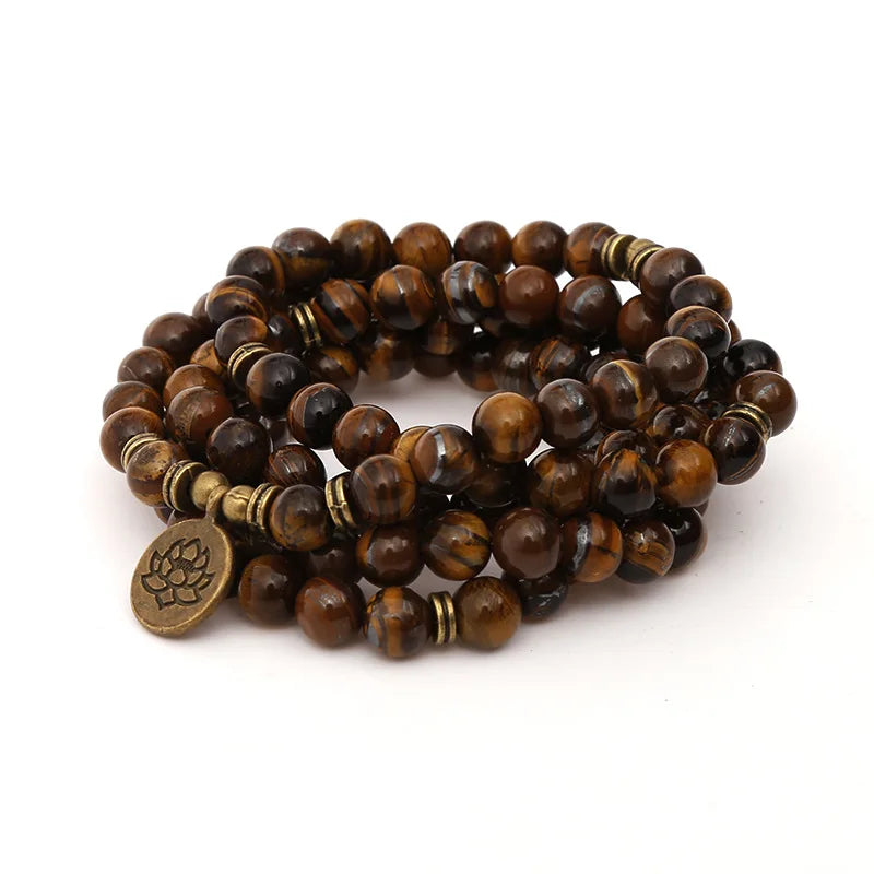 Spiritual Abacus Tiger Eye 108 Mala Beads – Chakra Healing Bracelet or Necklace with OM, Buddha & Lotus Charms