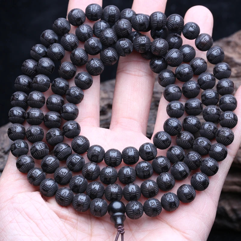 Spiritual Abacus Natural Ebony 108 Mala Beads – Tibetan Six-Character Mantra Turning Wheel Rosary Necklace
