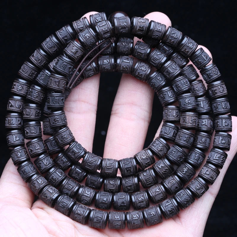 Spiritual Abacus Natural Ebony 108 Mala Beads – Tibetan Six-Character Mantra Turning Wheel Rosary Necklace