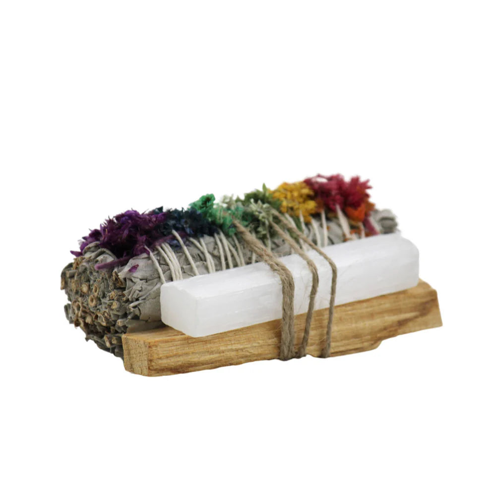 Spiritual Abacus Smudge & Crystal Cleansing Bundle Chakra Sage + Selenite Wand – Energy Clearing Kit for Crystals, Space & Spirit