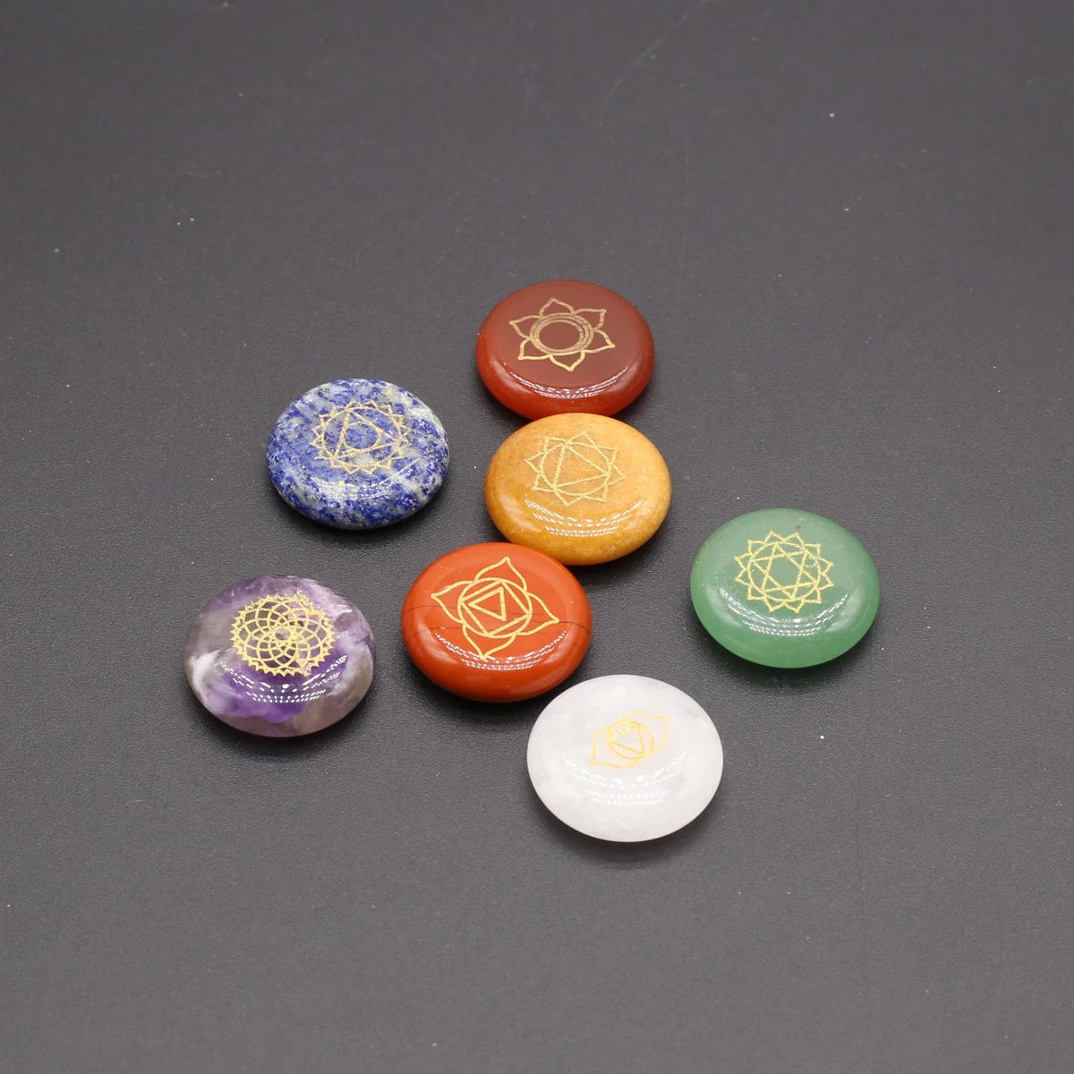 🌈 Spiritual Abacus 7-Piece Chakra Pendulum Set – Natural Stones with Engraved Reiki Healing Symbols
