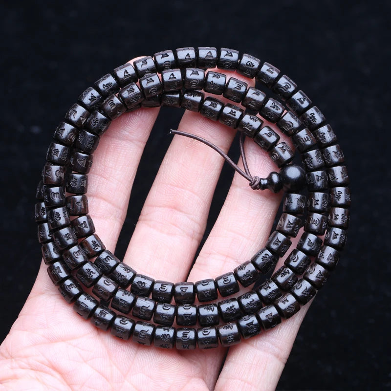 Spiritual Abacus Natural Ebony 108 Mala Beads – Tibetan Six-Character Mantra Turning Wheel Rosary Necklace