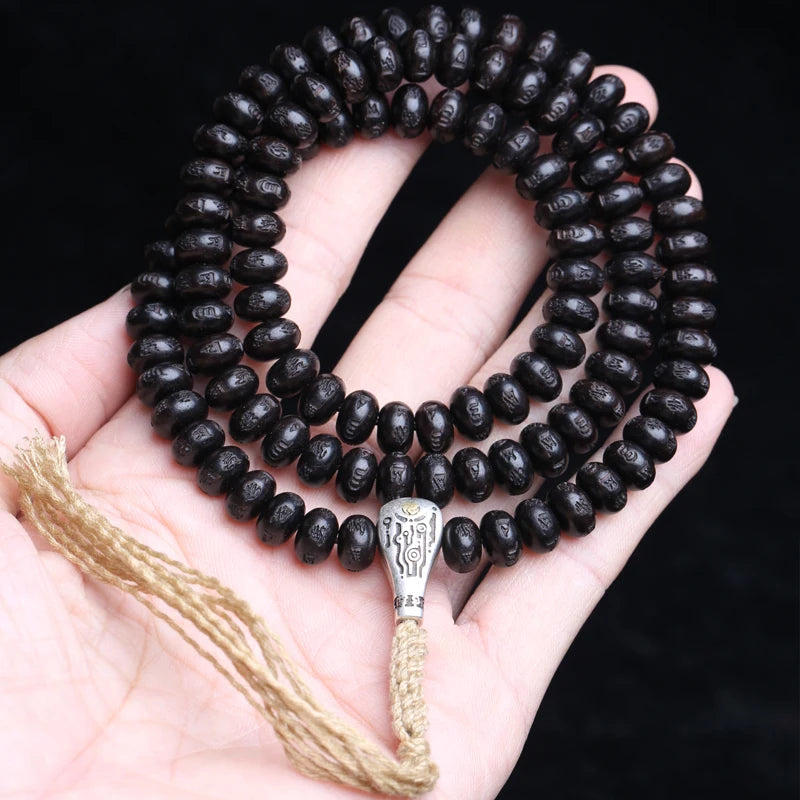 Spiritual Abacus Natural Ebony 108 Mala Beads – Six-Character Mantra Tibetan Meditation Necklace