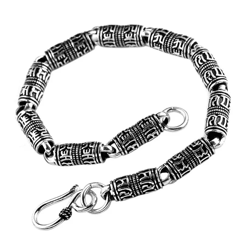Spiritual Abacus 925 Sterling Silver Tibetan Mantra Bracelet – OM MANI PADME HUM & Peace Symbol Chain Bracelet for Men