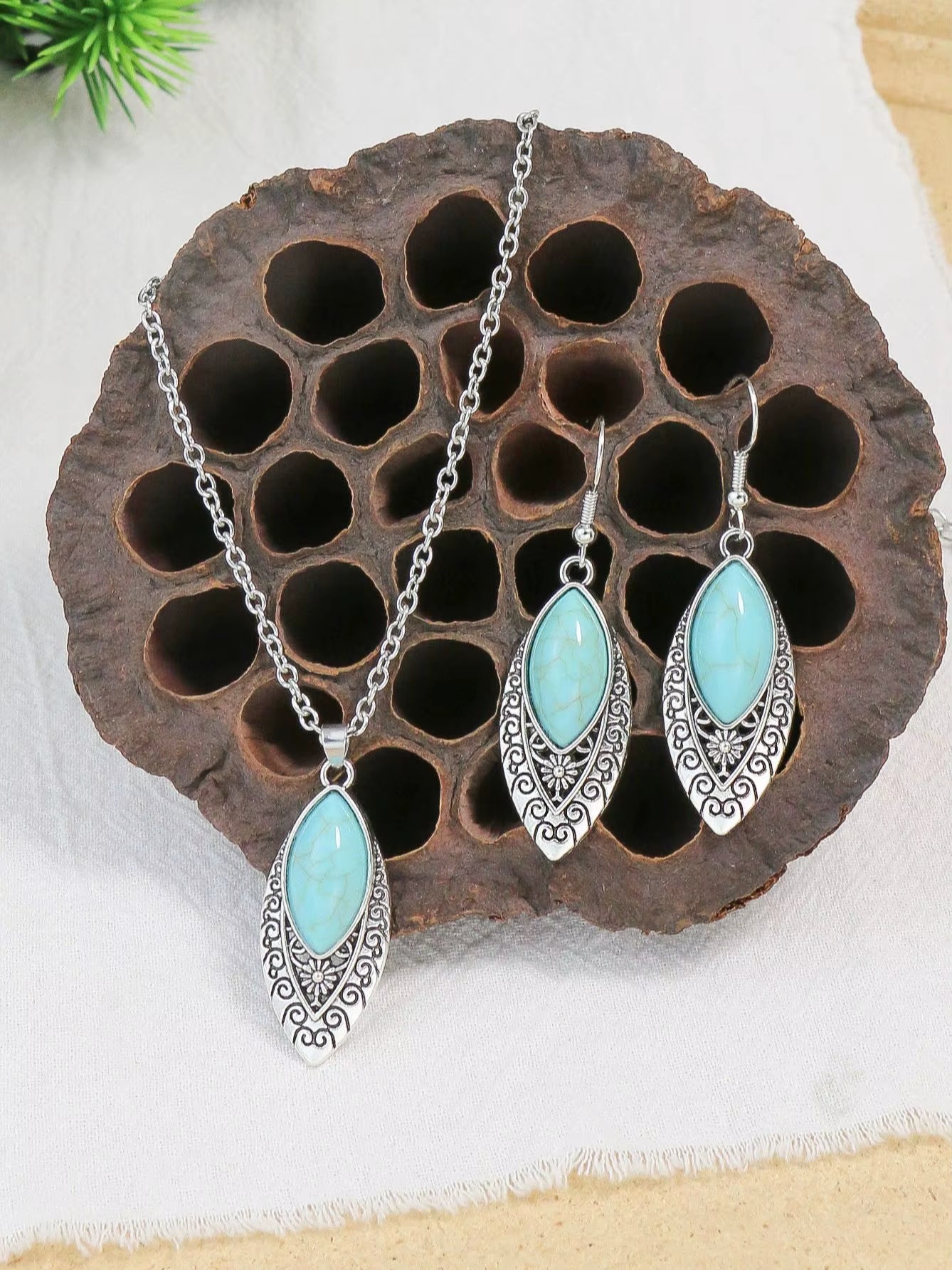 Spiritual Abacus-Ethnic Boho Turquoise Necklace & Earring Set Vintage Silver-Plated Floral Jewelry