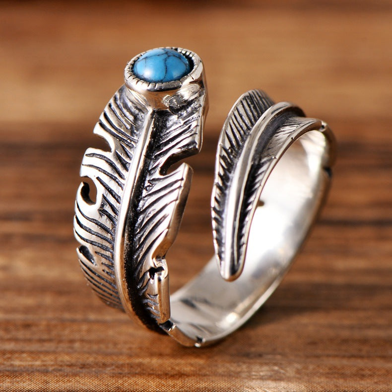 Spiritual Abacus 925 Sterling Silver Vintage Turquoise Inlay Leaf Couple Rings