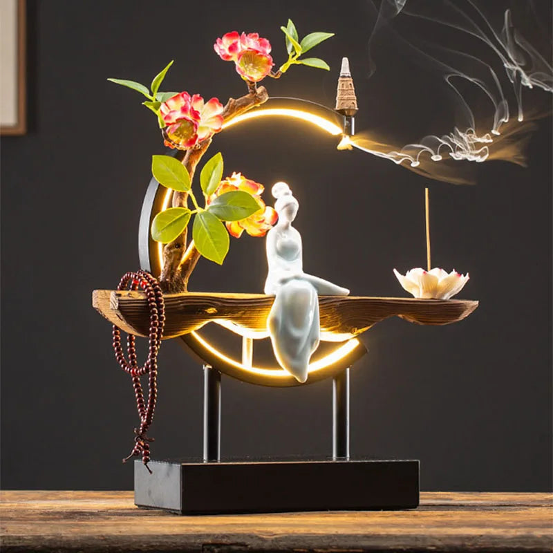 Spiritual Abacus LED Lotus Girl Backflow Incense Burner – USB Ceramic Circle Design with Stick & Cone Holder for Home & Office