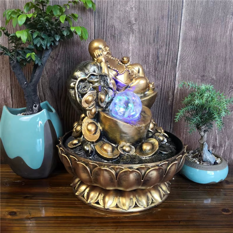 Spiritual Abacus Lucky Feng Shui Gold Maitreya Buddha Fountain