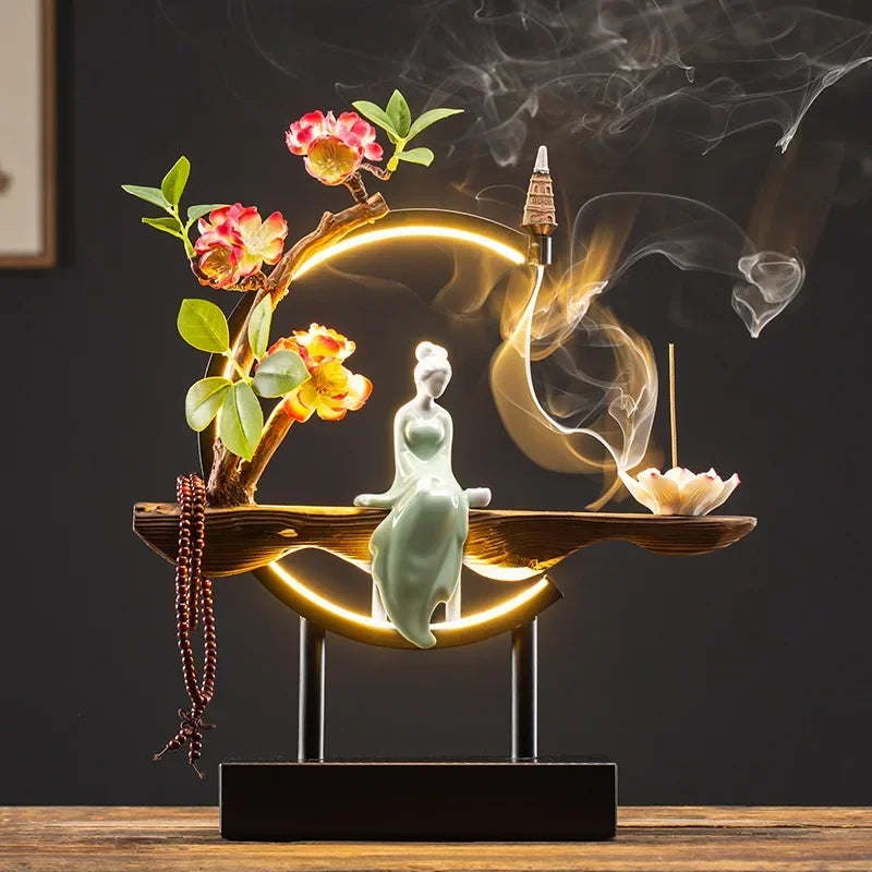 Spiritual Abacus LED Lotus Girl Backflow Incense Burner – USB Ceramic Circle Design with Stick & Cone Holder for Home & Office