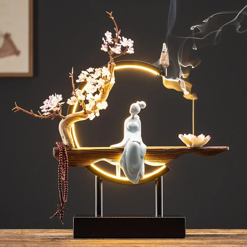 Spiritual Abacus LED Lotus Girl Backflow Incense Burner – USB Ceramic Circle Design with Stick & Cone Holder for Home & Office