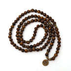 Spiritual Abacus Tiger Eye 108 Mala Beads – Chakra Healing Bracelet or Necklace with OM, Buddha & Lotus Charms