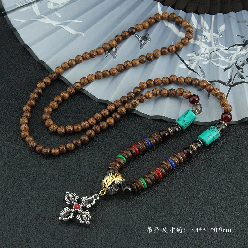 Spiritual Abacus Tibetan Wooden Mala Necklace – Six-Character Mantra Prayer Wheel Pendant for Men & Women