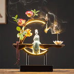 Spiritual Abacus LED Lotus Girl Backflow Incense Burner – USB Ceramic Circle Design with Stick & Cone Holder for Home & Office
