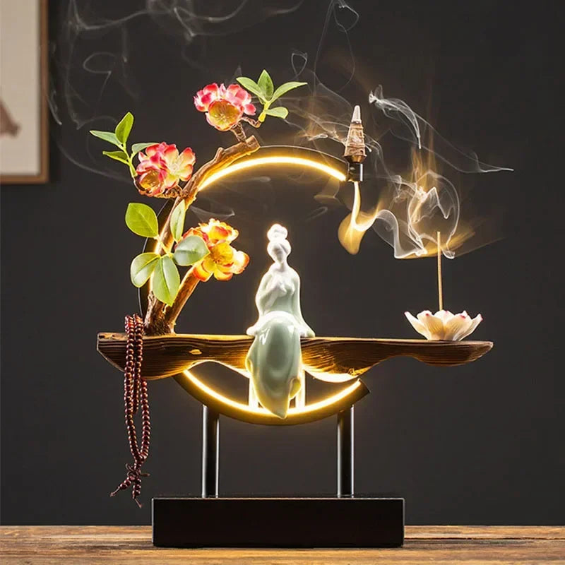Spiritual Abacus LED Lotus Girl Backflow Incense Burner – USB Ceramic Circle Design with Stick & Cone Holder for Home & Office