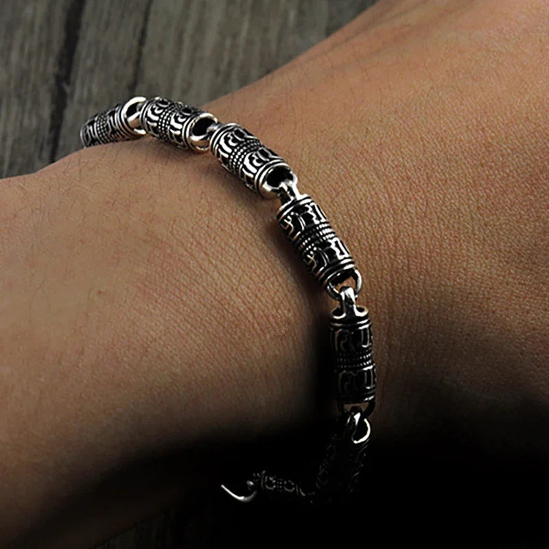 Spiritual Abacus 925 Sterling Silver Tibetan Mantra Bracelet – OM MANI PADME HUM & Peace Symbol Chain Bracelet for Men