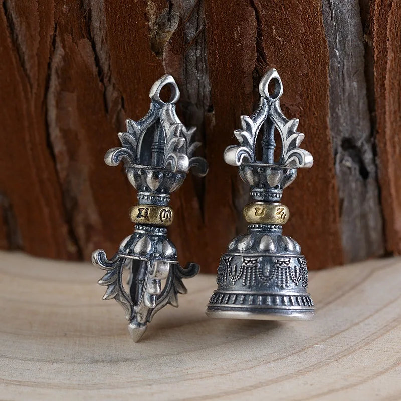 Spiritual Abacus 🕉️ S925 Pure Thai Silver Vajra & Bell Pendant – Ancient Buddhist Symbolism for Men