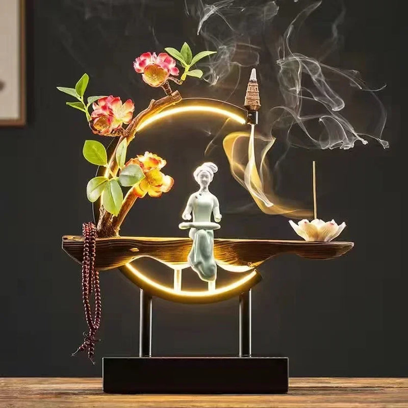 Spiritual Abacus LED Lotus Girl Backflow Incense Burner – USB Ceramic Circle Design with Stick & Cone Holder for Home & Office
