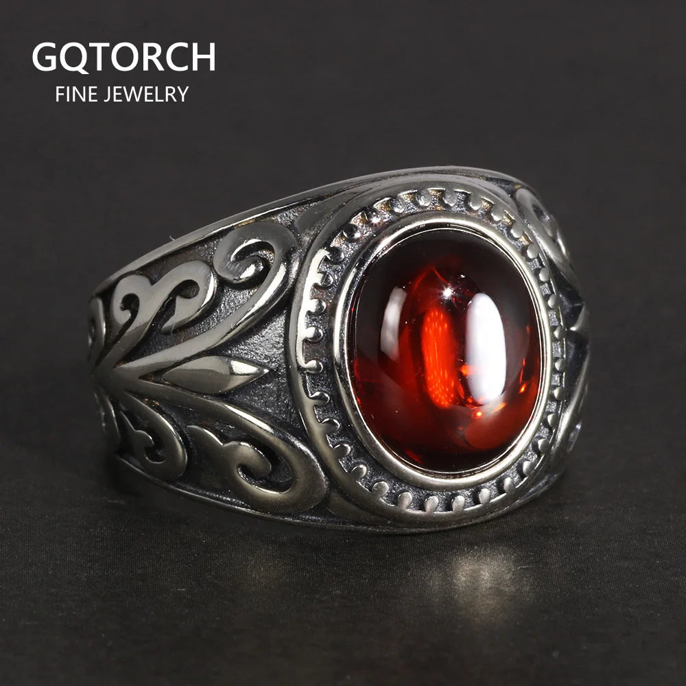 🔥 Spiritual Abacus 925 Sterling Silver Vintage Garnet Ring – Men's Natural Stone Flower Engraved Statement Jewelry
