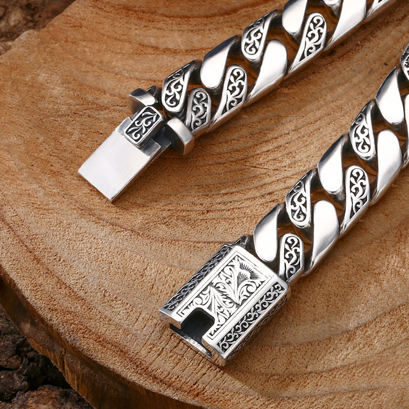 Spiritual Abacus 925 Sterling Silver Tangcao Pattern Cuban Bracelet – Thick Men’s Style