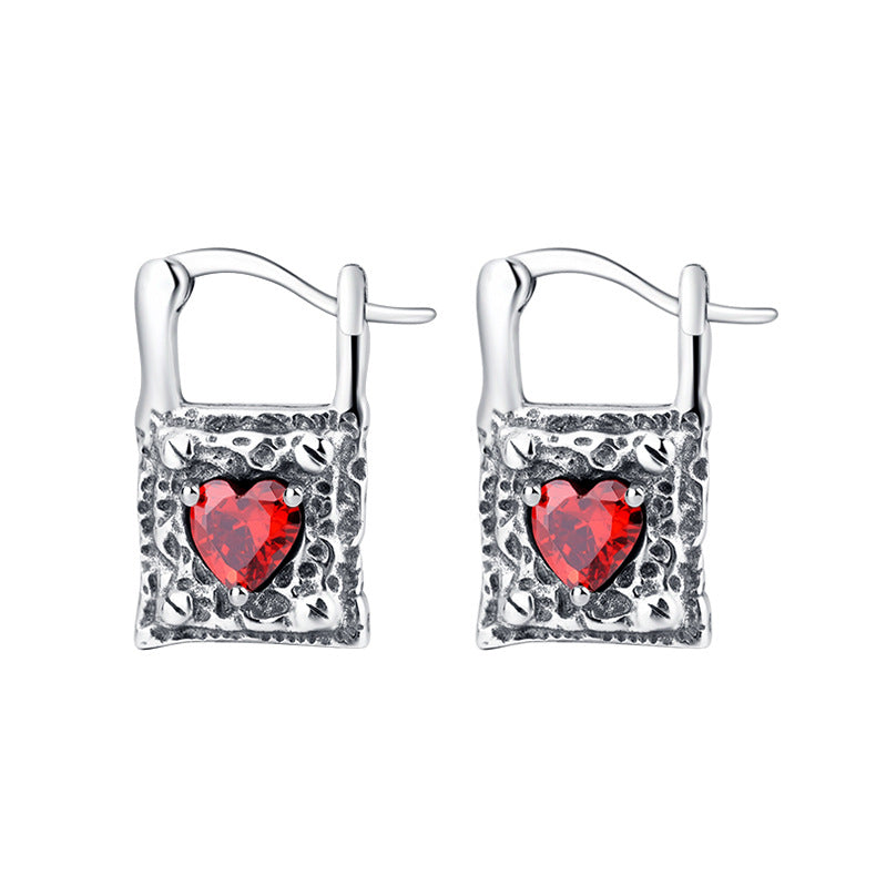 Spiritual Abacus Vintage Sterling Silver Lock Earrings with Heart-Shaped Zircon (S925)