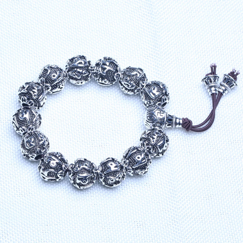 Spiritual Abacus Tibetan Silver Mantra Bracelet – Handmade Nepalese Heart Sutra & Six-Word Mantra Bead Bracelet