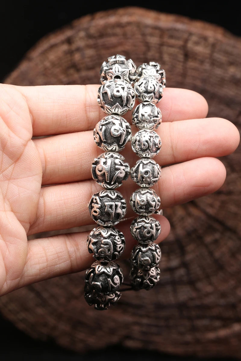 Spiritual Abacus Tibetan Silver Mantra Bracelet – Handmade Nepalese Heart Sutra & Six-Word Mantra Bead Bracelet