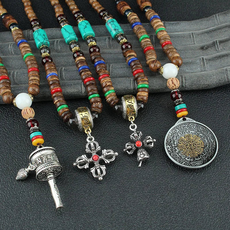 Spiritual Abacus Tibetan Wooden Mala Necklace – Six-Character Mantra Prayer Wheel Pendant for Men & Women