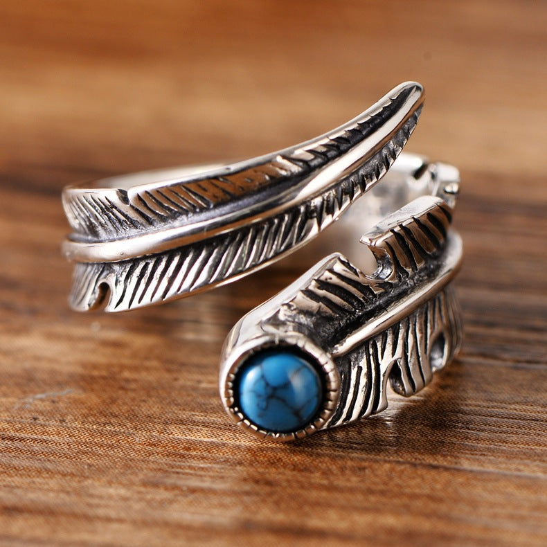 Spiritual Abacus 925 Sterling Silver Vintage Turquoise Inlay Leaf Couple Rings