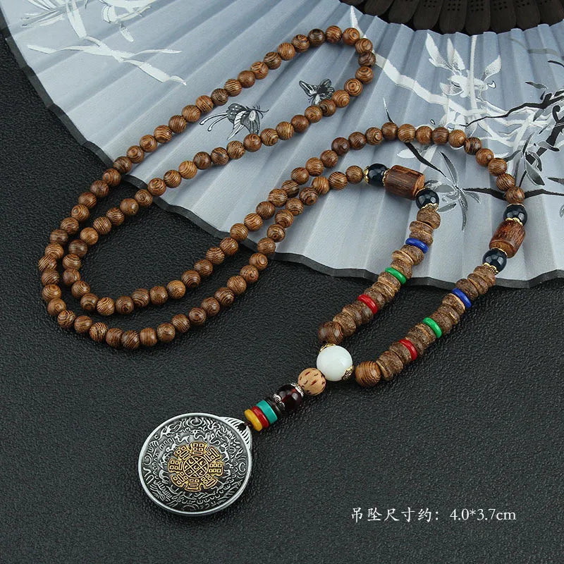 Spiritual Abacus Tibetan Wooden Mala Necklace – Six-Character Mantra Prayer Wheel Pendant for Men & Women