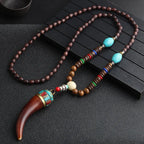 🐟 Handmade Nepalese Mala Necklace – Wood Beads with Horn Pendant Ethnic Buddhist Prayer Necklace for Men & Women – Spiritual Jewelry by Spiritual Abacus