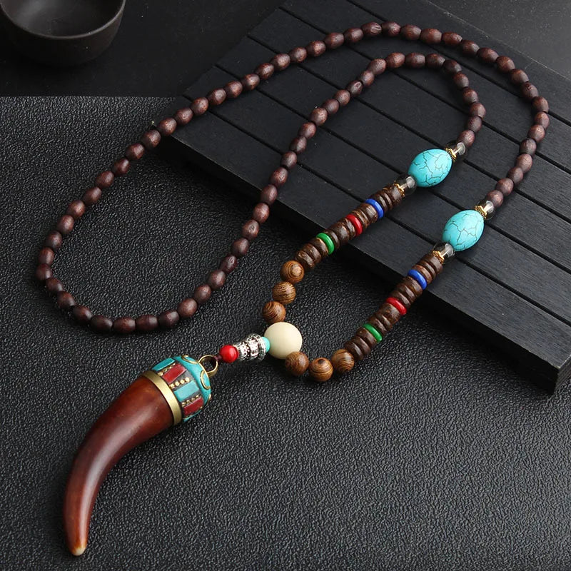 🐟 Handmade Nepalese Mala Necklace – Wood Beads with Horn Pendant Ethnic Buddhist Prayer Necklace for Men & Women – Spiritual Jewelry by Spiritual Abacus