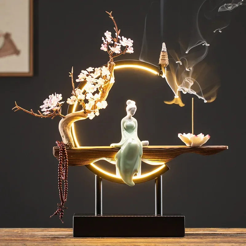 Spiritual Abacus LED Lotus Girl Backflow Incense Burner – USB Ceramic Circle Design with Stick & Cone Holder for Home & Office
