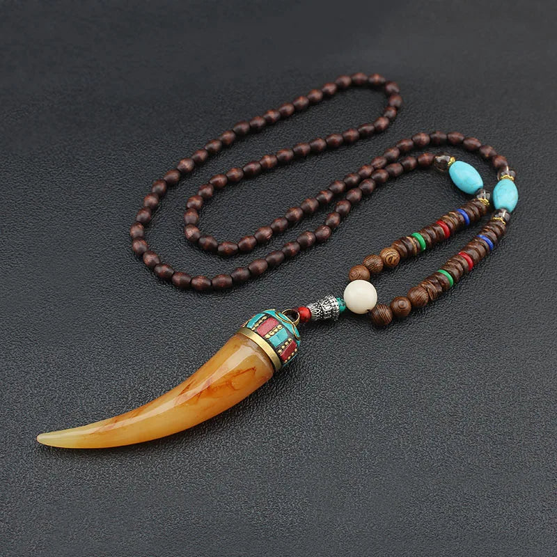 🐟 Handmade Nepalese Mala Necklace – Wood Beads with Horn Pendant Ethnic Buddhist Prayer Necklace for Men & Women – Spiritual Jewelry by Spiritual Abacus