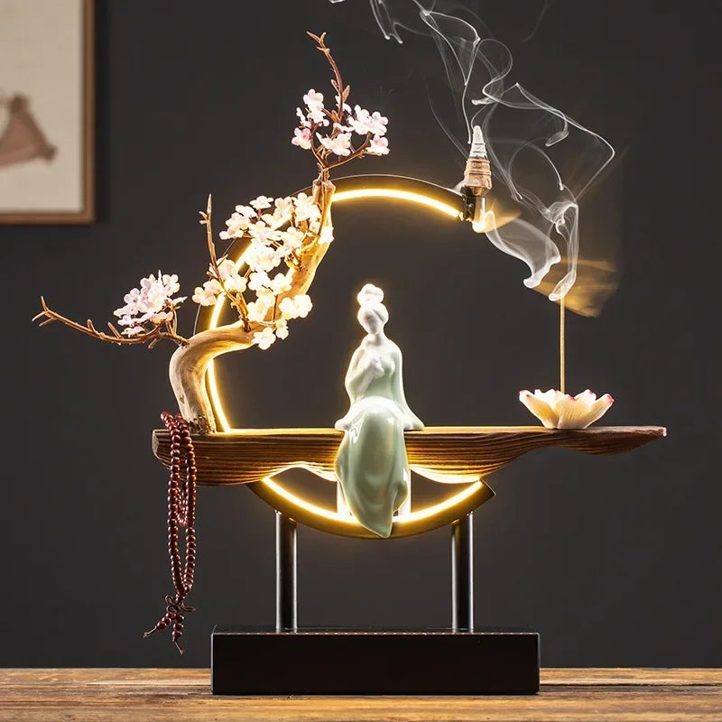 Spiritual Abacus LED Lotus Girl Backflow Incense Burner – USB Ceramic Circle Design with Stick & Cone Holder for Home & Office